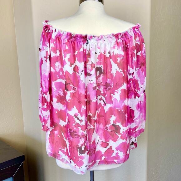 Worth Silk Crinkle Chiffon Pink and White Off The Shoulder Blouse, Small - Picture 5 of 13